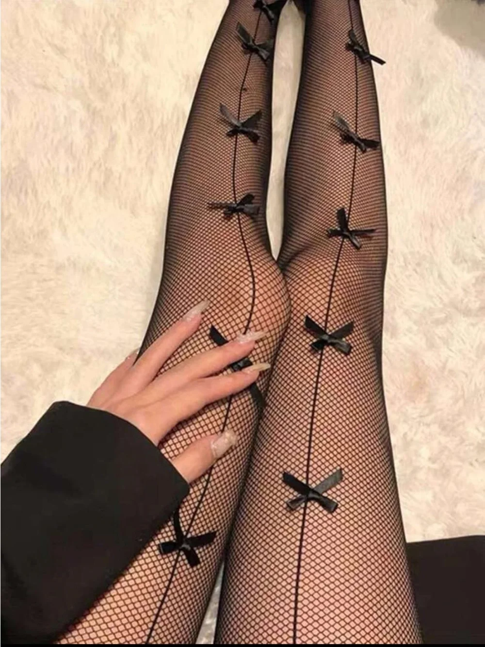 Black Fishnet Bow-Accent Tights - Women Accessories